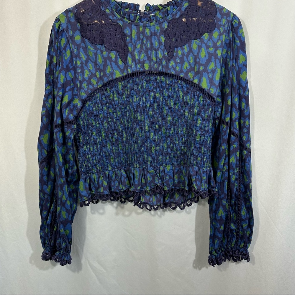 Farm Rio Leopard Pop Smocked Embroidered Lace Long Sleeve Peplum Top - Picture 7 of 14